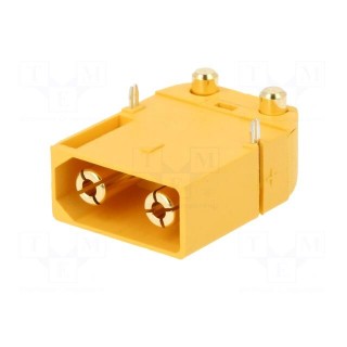 Socket | DC supply | XT90 | male | PIN: 2 | on PCBs | THT | yellow | 40A | 500V