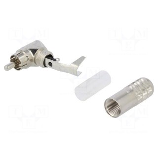 Plug | RCA | male | angled 90° | soldering | silver | nickel plated