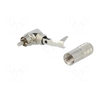 Plug | RCA | male | angled 90° | soldering | silver | nickel plated