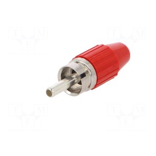 Plug | RCA | male | straight | soldering | red | brass | Enclos.mat: acetal