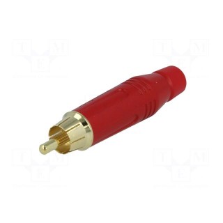 Plug | RCA | male | straight | soldering | red | gold-plated | for cable