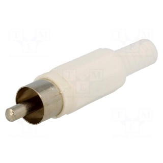 Plug | RCA | male | with strain relief | straight | soldering | white