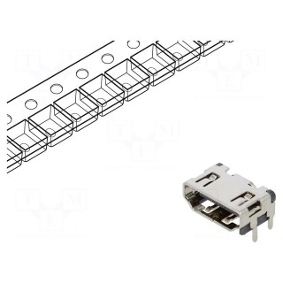 Connector: HDMI | socket | PIN: 19 | gold flash | angled 90° | SMT