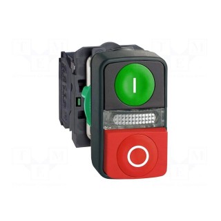 Switch: double | 22mm | Stabl.pos: 1 | NC + NO | green/red | LED | 230V