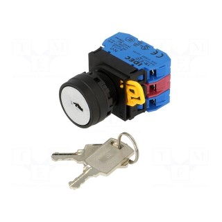 Switch: rotary with key | 22mm | Stabl.pos: 3 | NC + NO x2 | black