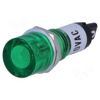 Indicator: with neon lamp | flat | green | 230VAC | Cutout: Ø10mm | IP20