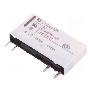 Relay: electromagnetic | SPST-NO | Ucoil: 12VDC | 6A | 6A/250VAC | PCB