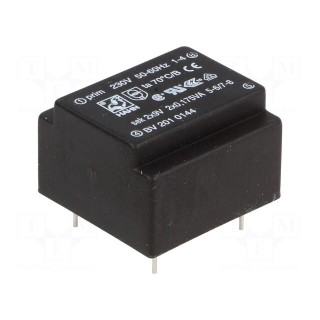 Transformer: encapsulated | 0.35VA | 230VAC | 9V | 9V | 19mA | 19mA | PCB