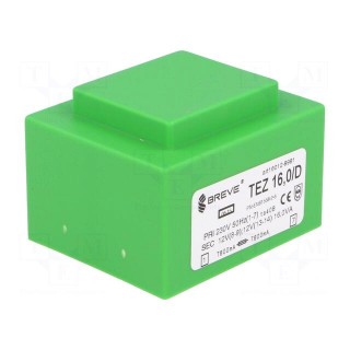 Transformer: encapsulated | 16VA | 230VAC | 12V | 12V | 666.6mA | 666.6mA