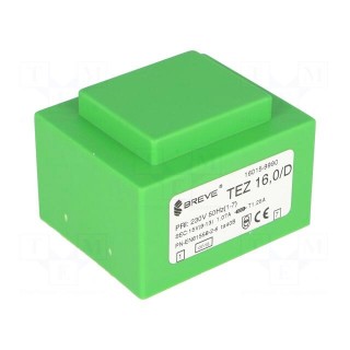 Transformer: encapsulated | 16VA | 230VAC | 15V | 1066.6mA | IP00 | 420g