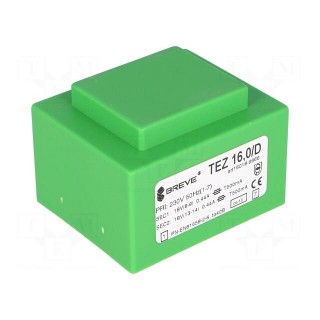 Transformer: encapsulated | 16VA | 230VAC | 18V | 18V | 444.4mA | 444.4mA