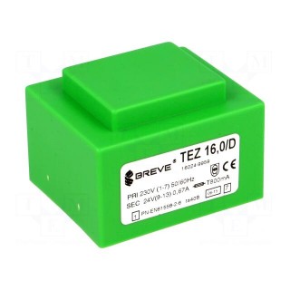 Transformer: encapsulated | 16VA | 230VAC | 24V | 666.6mA | IP00 | 420g