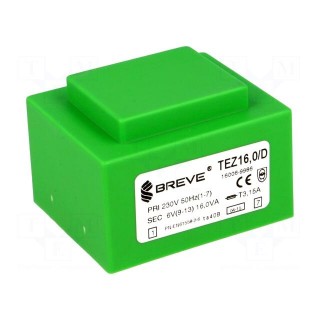 Transformer: encapsulated | 16VA | 230VAC | 6V | 2666.6mA | IP00 | 420g