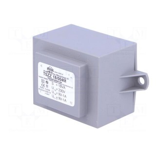 Transformer: encapsulated | 18VA | 230VAC | 9V | 9V | 1A | 1A | IP00 | 550g