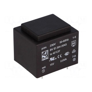 Transformer: encapsulated | 2.6VA | 230VAC | 15V | 174mA | Mounting: PCB