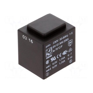 Transformer: encapsulated | 2.6VA | 230VAC | 6V | 6V | 217mA | 217mA | PCB