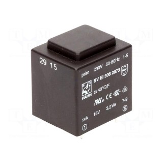 Transformer: encapsulated | 3.2VA | 230VAC | 15V | 213mA | Mounting: PCB