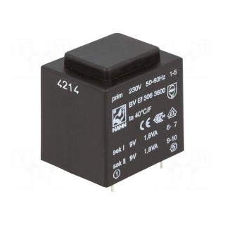 Transformer: encapsulated | 3.6VA | 230VAC | 9V | 9V | 200mA | 200mA | 135g