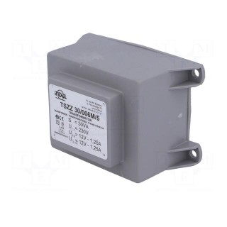 Transformer: encapsulated | 30VA | 230VAC | 12V | 12V | 1.25A | 1.25A | PCB