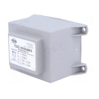 Transformer: encapsulated | 45VA | 230VAC | 9V | 9V | 2.5A | 2.5A | IP00