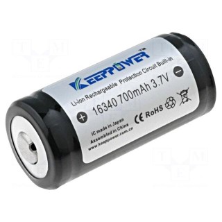 Re-battery: Li-Ion | 16340 | 3.7V | 650mAh | Ø16x36mm | 3A