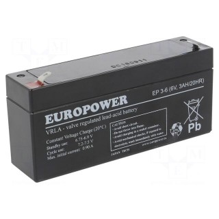 Re-battery: acid-lead | 6V | 3Ah | AGM | maintenance-free | 134x34x66mm
