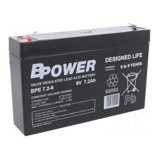Re-battery: acid-lead | 6V | 7.2Ah | AGM | maintenance-free | 1.2kg | BPE