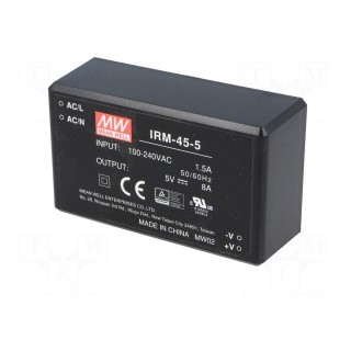 Converter: AC/DC | 40W | 85÷264VAC | 5VDC | Iout: 8000mA | OUT: 1 | 83.5%