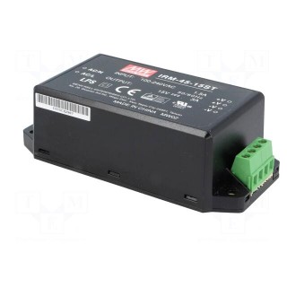 Power supply: switched-mode | modular | 45W | 15VDC | 109x52x33.5mm