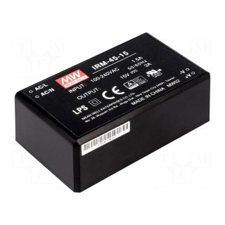 Power supply: switched-mode | modular | 45W | 15VDC | 87x52x29.5mm | 3A