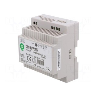 Power supply: switched-mode | for DIN rail | 60W | 15VDC | 0÷4A | OUT: 1