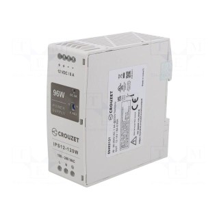 Power supply: switched-mode | for DIN rail | 96W | 12VDC | 8A | 89%