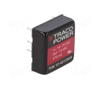Converter: DC/DC | 10W | Uin: 18÷75V | Uout: 15VDC | Iout: 670mA | 1"x1"