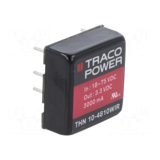 Converter: DC/DC | 10W | Uin: 18÷75V | Uout: 3.3VDC | Iout: 3000mA | 1"x1"