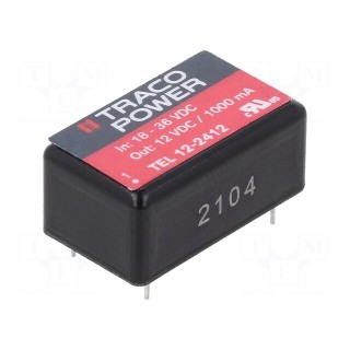 Converter: DC/DC | 12W | Uin: 18÷36V | Uout: 12VDC | Iout: 1000mA | DIP16