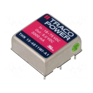 Converter: DC/DC | 15W | Uin: 18÷75V | Uout: 5VDC | Iout: 3000mA | 1"x1"