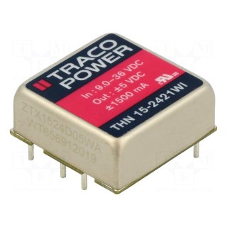 Converter: DC/DC | 15W | Uin: 9÷36V | Uout: 5VDC | Uout2: -5VDC | 1"x1"