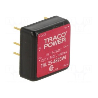 Converter: DC/DC | 25W | Uin: 18÷75V | Uout: 15VDC | Uout2: -15VDC | 1"x1"