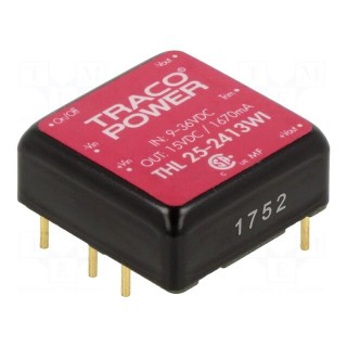 Converter: DC/DC | 25W | Uin: 9÷36V | Uout: 15VDC | Iout: 1670mA | 1"x1"