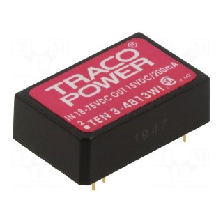 Converter: DC/DC | 3W | Uin: 18÷75V | Uout: 15VDC | Iout: 200mA | DIP24