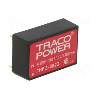 Converter: DC/DC | 3W | Uin: 18÷80V | Uout: 15VDC | Uout2: -15VDC | DIP24