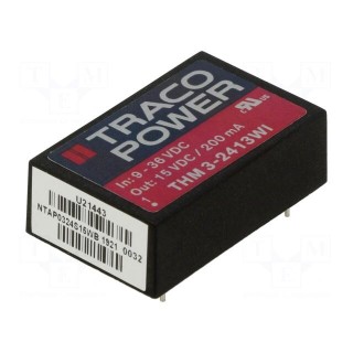 Converter: DC/DC | 3W | Uin: 9÷36V | Uout: 15VDC | Iout: 200mA | DIP24