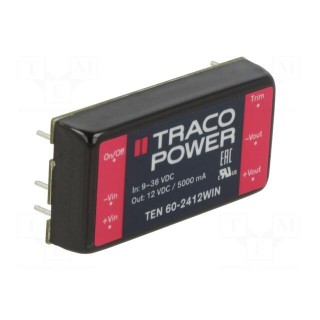 Converter: DC/DC | 60W | Uin: 9÷36V | Uout: 12VDC | Iout: 5000mA | 2"x1"