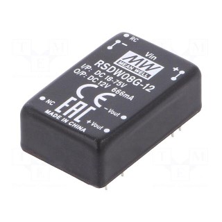 Converter: DC/DC | 8W | Uin: 18÷75V | Uout: 12VDC | Iout: 0÷666mA | DIP24