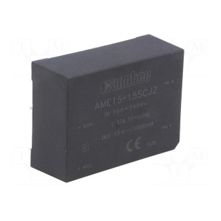 Converter: AC/DC | 15W | Uout: 15VDC | Iout: 1A | 80% | Mounting: PCB | 3kV