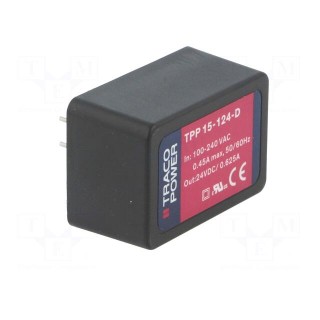 Converter: AC/DC | 15W | Uout: 24VDC | Iout: 625mA | 88% | Mounting: PCB