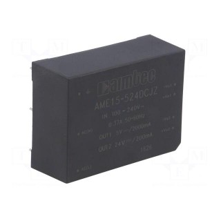 Converter: AC/DC | 15W | Uout: 5VDC | Iout: 2A | 81% | Mounting: PCB | 3kV