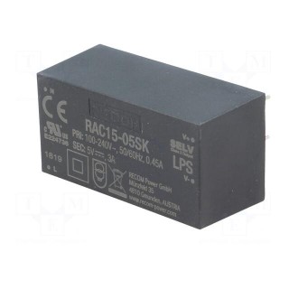 Converter: AC/DC | 15W | Uout: 5VDC | Iout: 3A | 84% | Mounting: PCB | 3000V