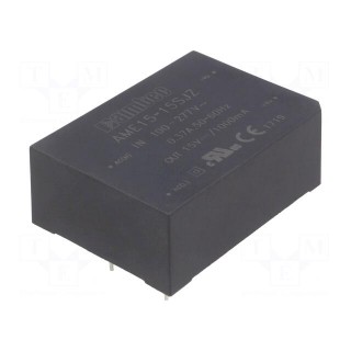 Converter: AC/DC | 15W | Uout: 15VDC | Iout: 1A | 82% | Mounting: PCB | 3kV