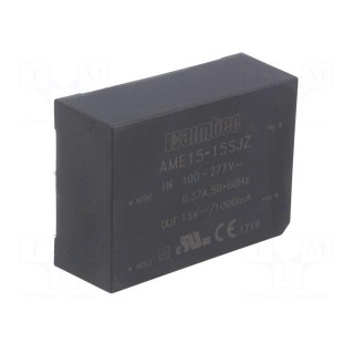 Converter: AC/DC | 15W | Uout: 15VDC | Iout: 1A | 82% | Mounting: PCB | 3kV